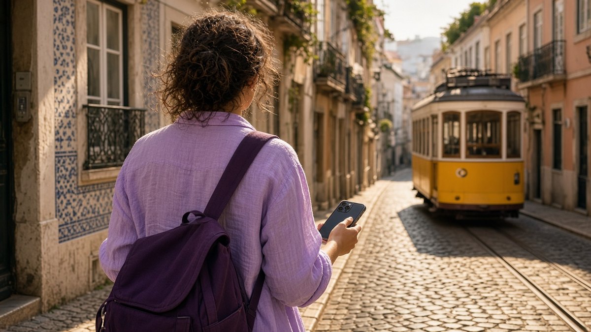 Traveller seen from behind on a sunny cobbled hill street in Lisbon with a yellow tram passing, holding a smartphone