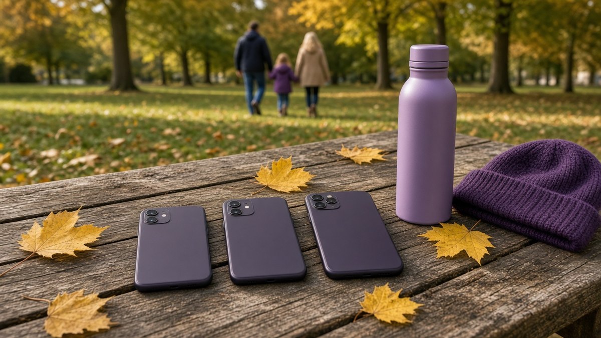 Three smartphones lying face down on a wooden picnic table in a park beside a lilac flask and autumn leaves