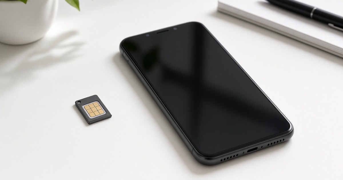Black smartphone on a desk next to a small SIM card