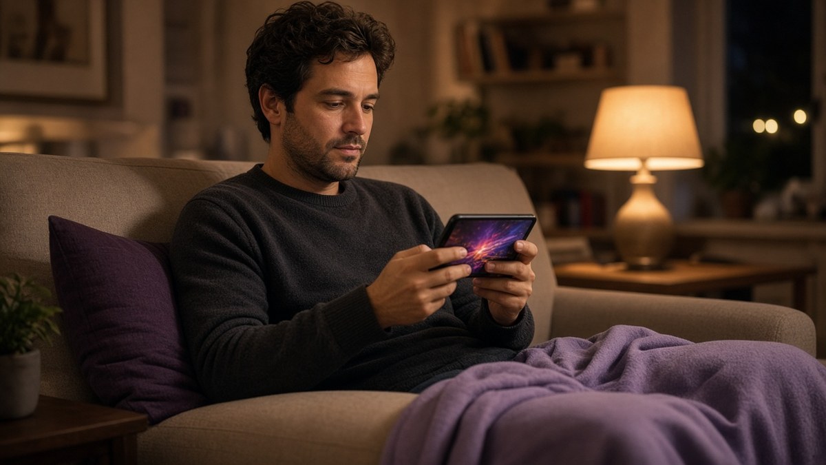 Man on a sofa in a lamp-lit living room watching a video on his phone held sideways