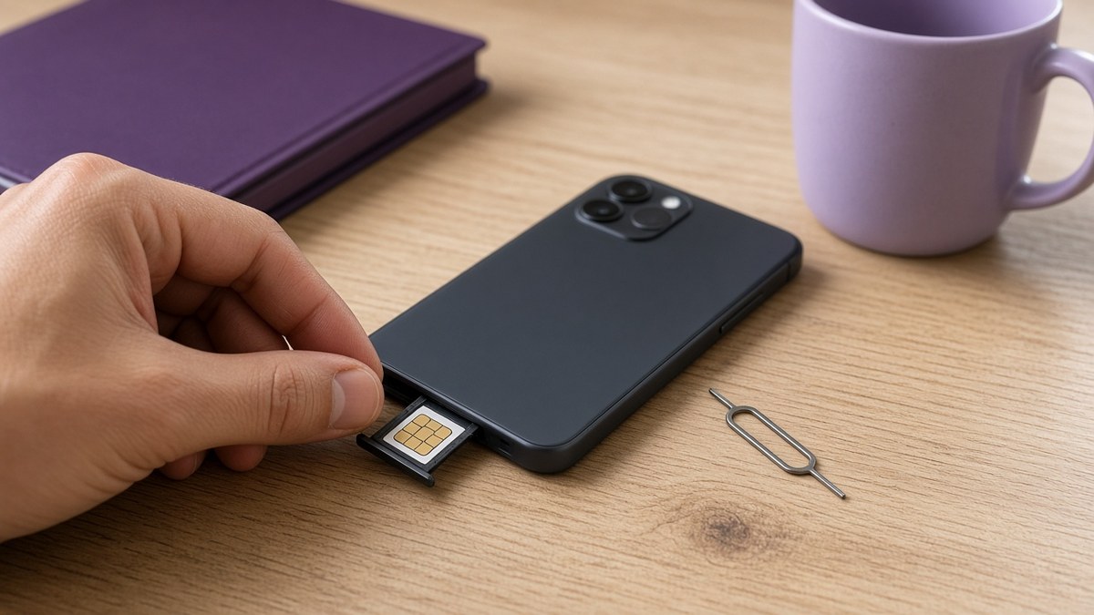 Hand sliding a SIM card into the tray of a dark smartphone on a light oak desk beside a purple notebook