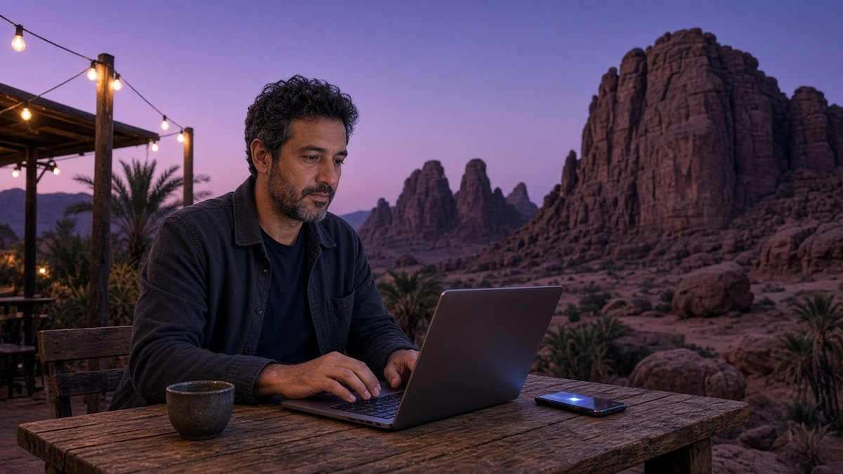 Traveller sharing phone data with a laptop at an outdoor table at dusk with sandstone cliffs behind