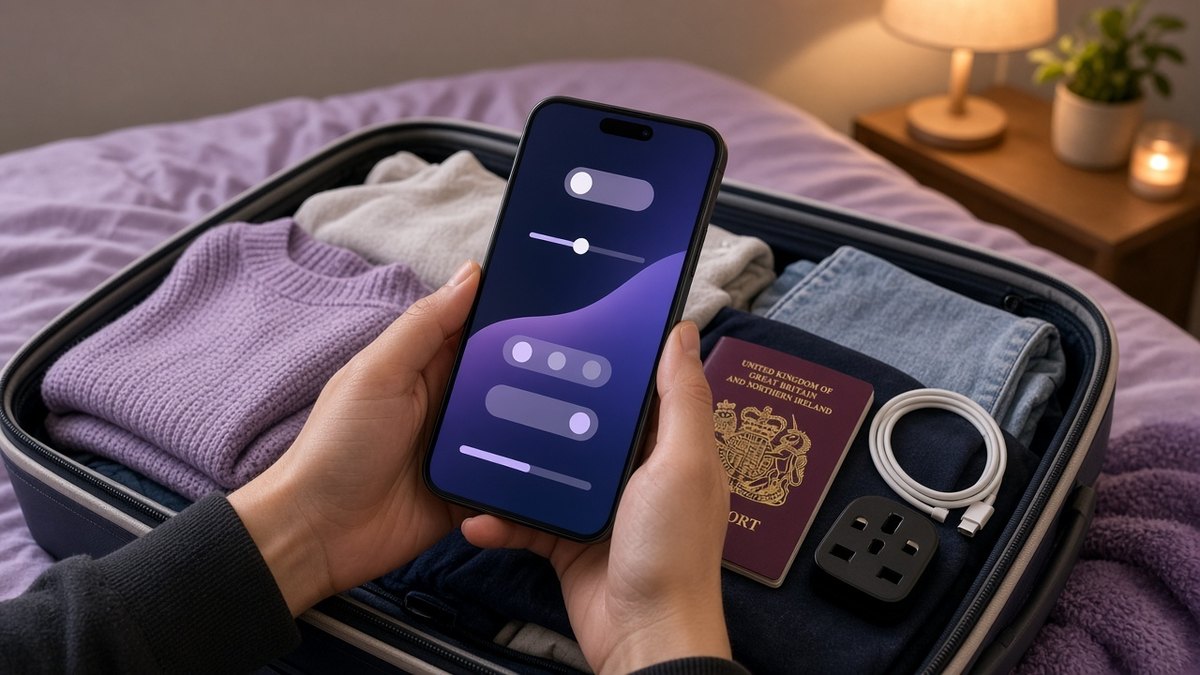Hands holding a smartphone over an open suitcase with a passport and charger the evening before a trip