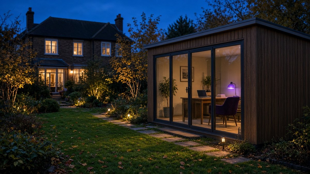 Garden office cabin glowing at dusk with a laptop on the desk inside, family house lights warm in the background