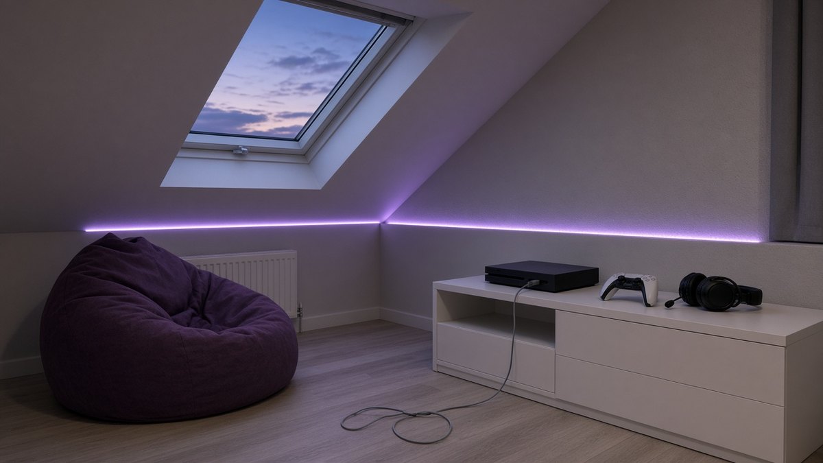 Games console connected with a wired network cable on a low unit in a loft bedroom under a skylight, gaming headset beside it