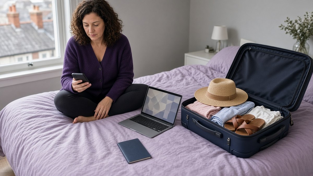 Woman sitting on her bed beside an open suitcase installing a travel eSIM on her phone before a trip