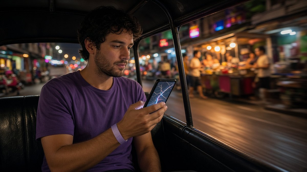 Passenger in a tuk-tuk at night using a map on his phone as city lights blur past