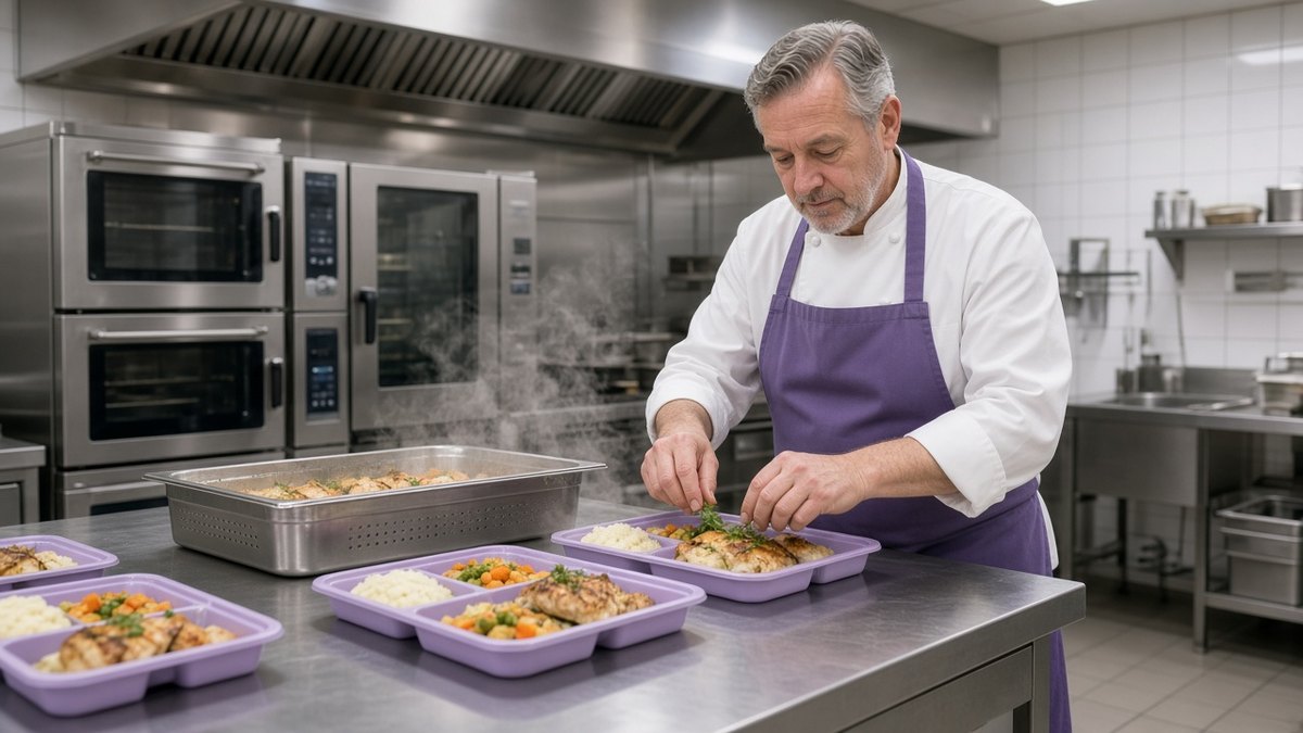 Chef preparing lunch in a care home’s commercial kitchen with stainless steel ovens