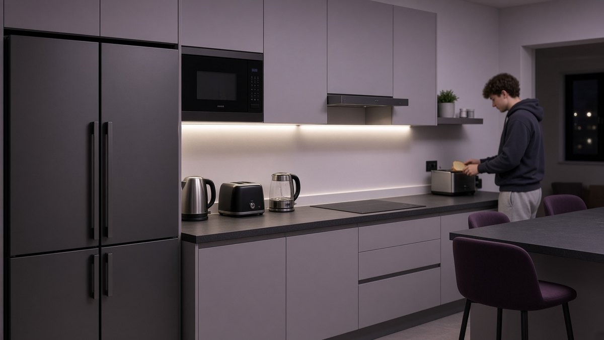 Shared kitchen in a house in multiple occupation with a large fridge-freezer, a microwave, two kettles and toasters