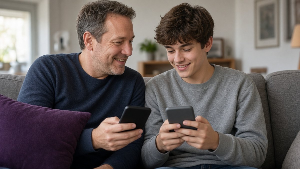 Parent and teenager comparing two phones on a sofa