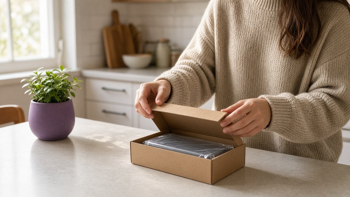 Person unboxing a refurbished phone at a kitchen counter