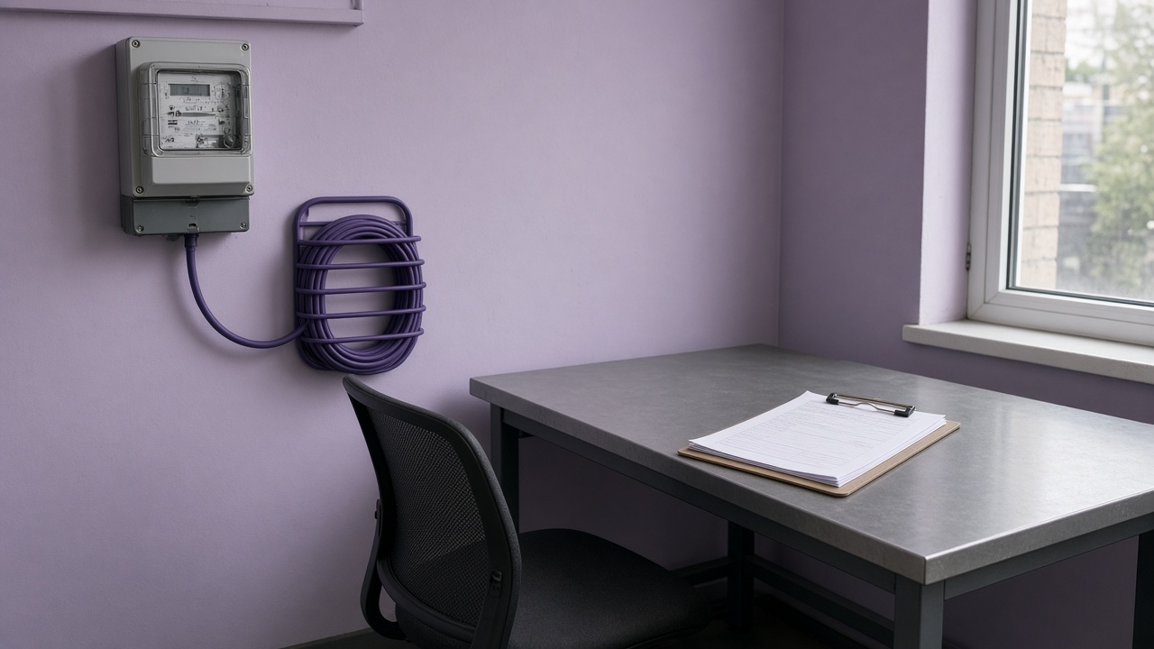 An electricity meter and a clipboard in a factory office