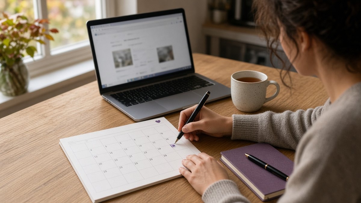 Person at a kitchen table checking a paper calendar beside a laptop and a mug of tea