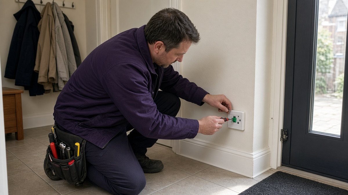 Broadband engineer fitting a fibre wall box beside a front door in a UK hallway