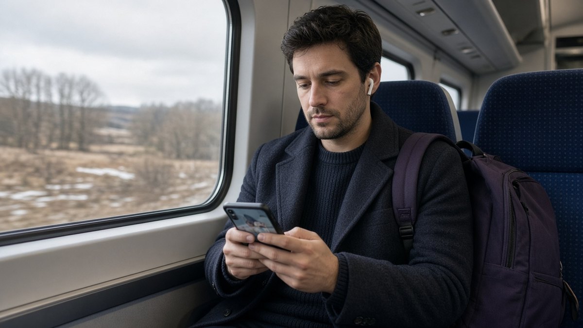 Commuter on a train streaming video on a phone with earbuds in