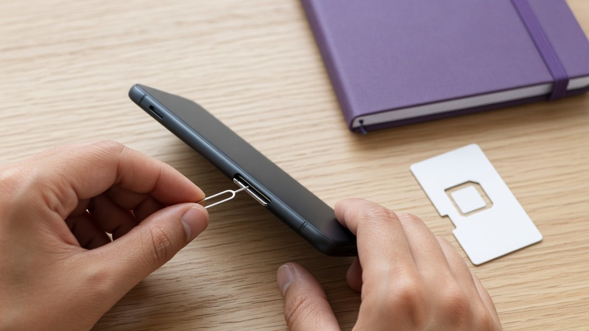 Hands inserting a new SIM card into a phone tray at a home desk