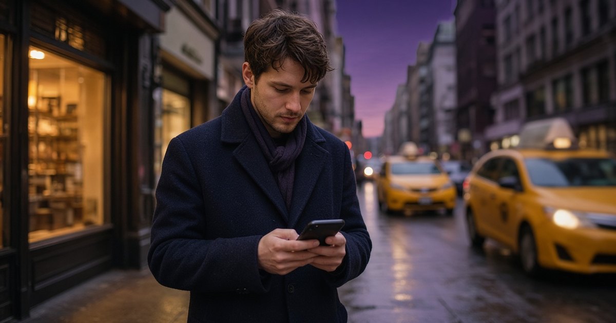 British traveller on a New York street at dusk checking directions on a smartphone