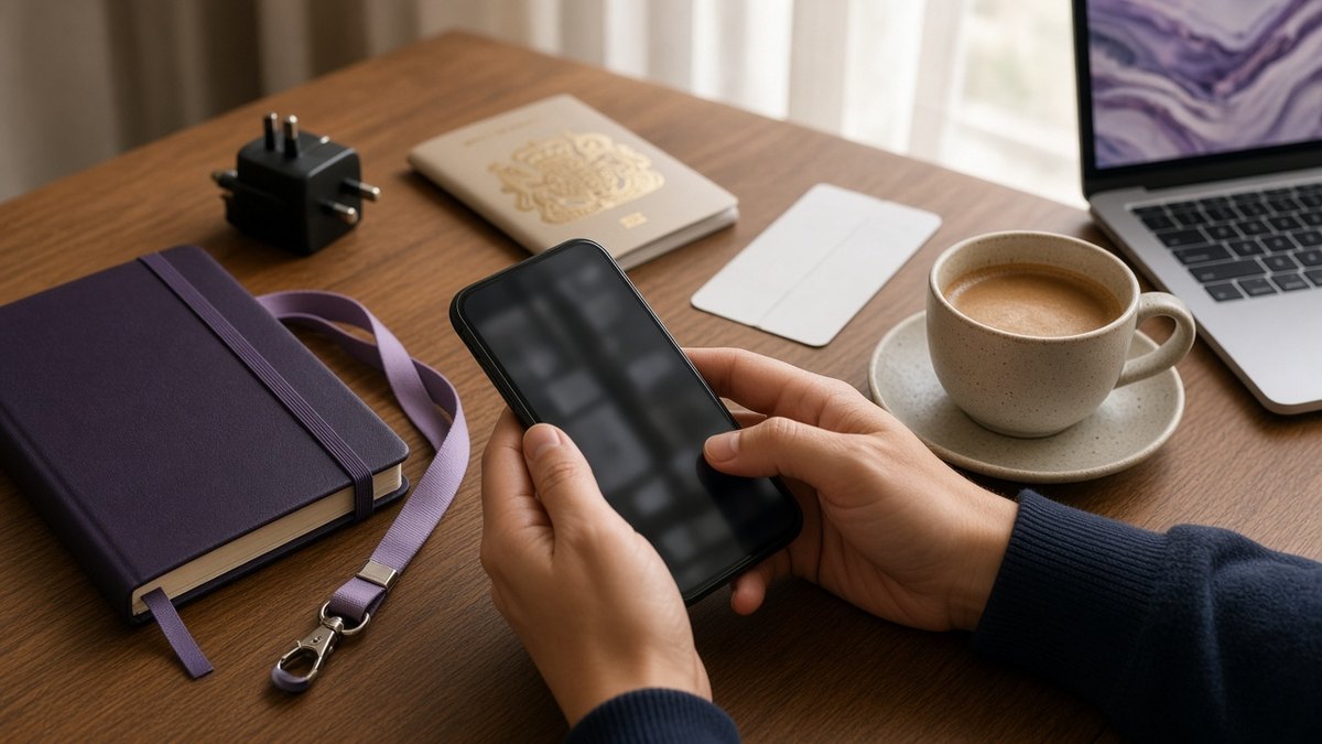 Hands installing a travel eSIM on a smartphone at a hotel desk beside a passport