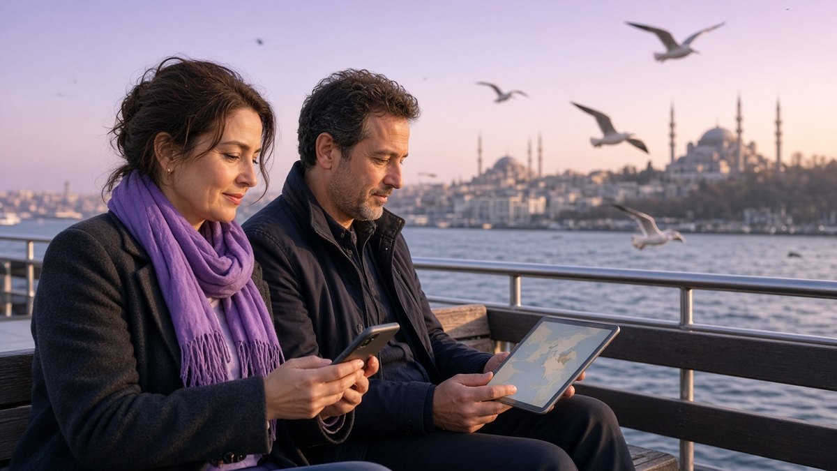 Couple on a Bosphorus ferry sharing phone data with a tablet