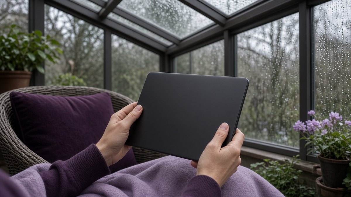 Hands holding a tablet in a conservatory while rain runs down the glass, a plum cushion on a wicker chair
