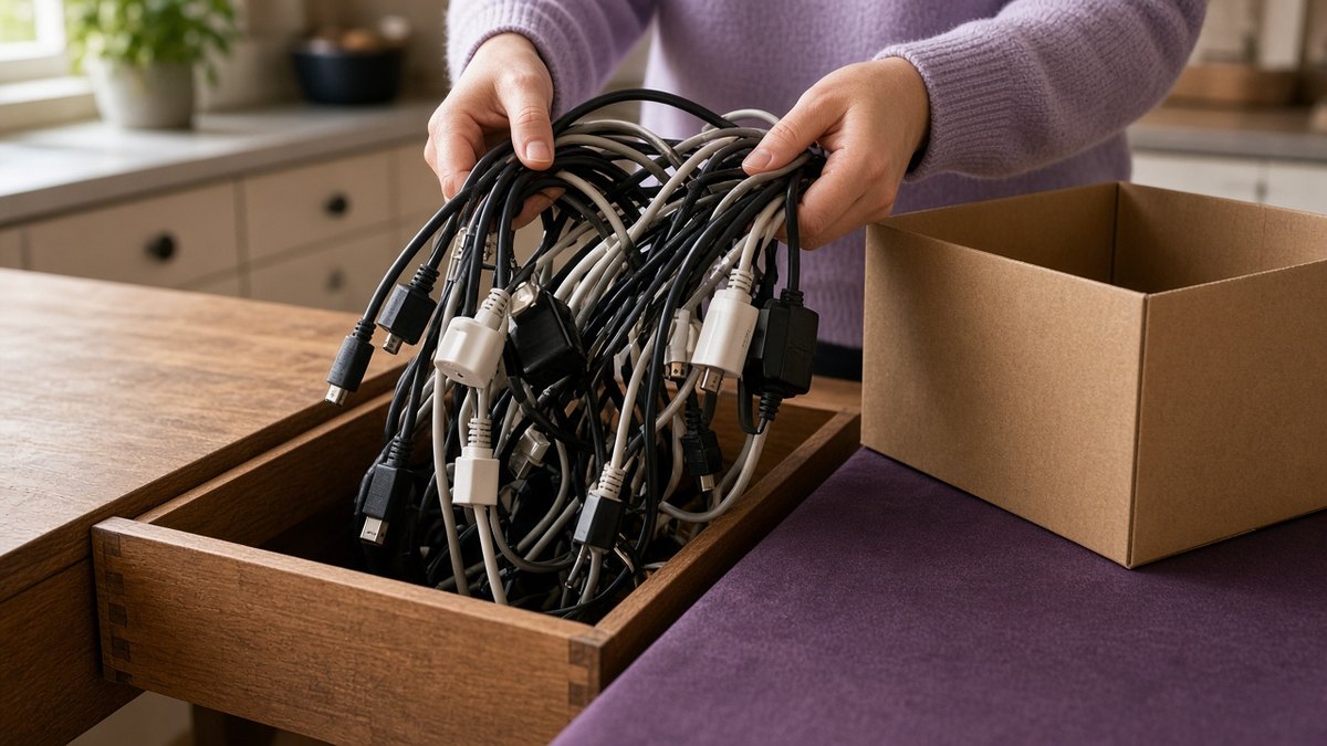 Hands sorting a tangle of old cables and chargers from a drawer into a plain box, a lilac sleeve visible