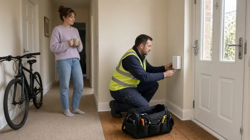 Installation engineer fitting a white fibre box on a hallway wall while a tenant looks on