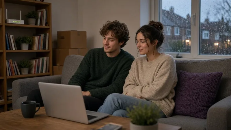 Two housemates on a sofa with a laptop in a shared living room with boxes and a white router on a shelf