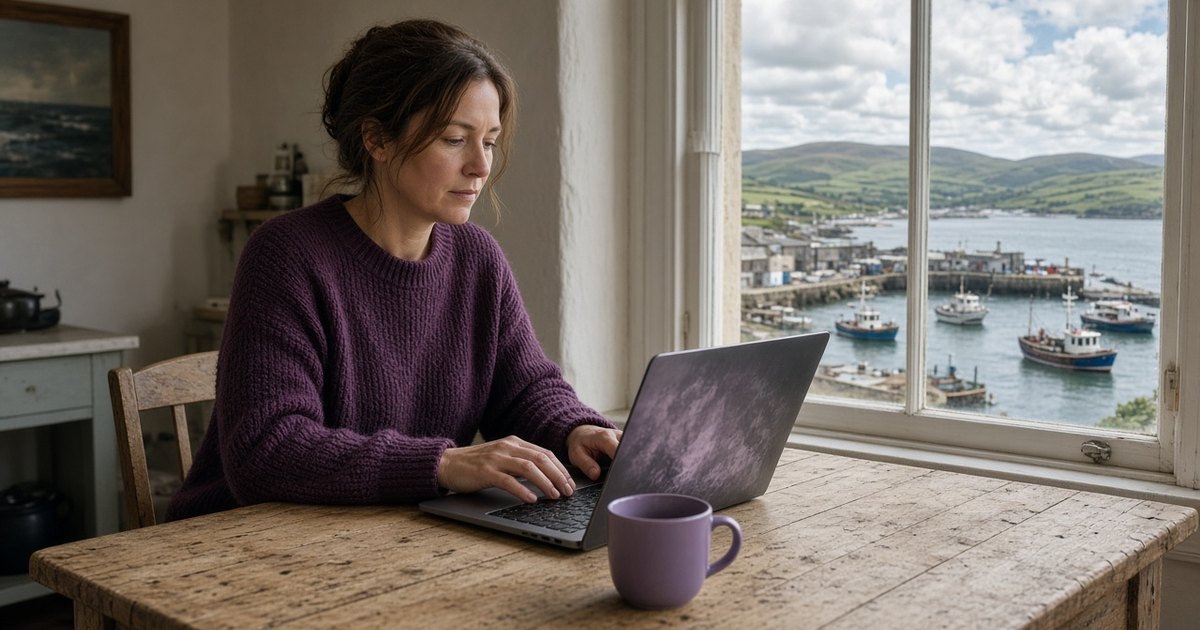 Woman working from home on a laptop at a kitchen table with a harbour view through the window