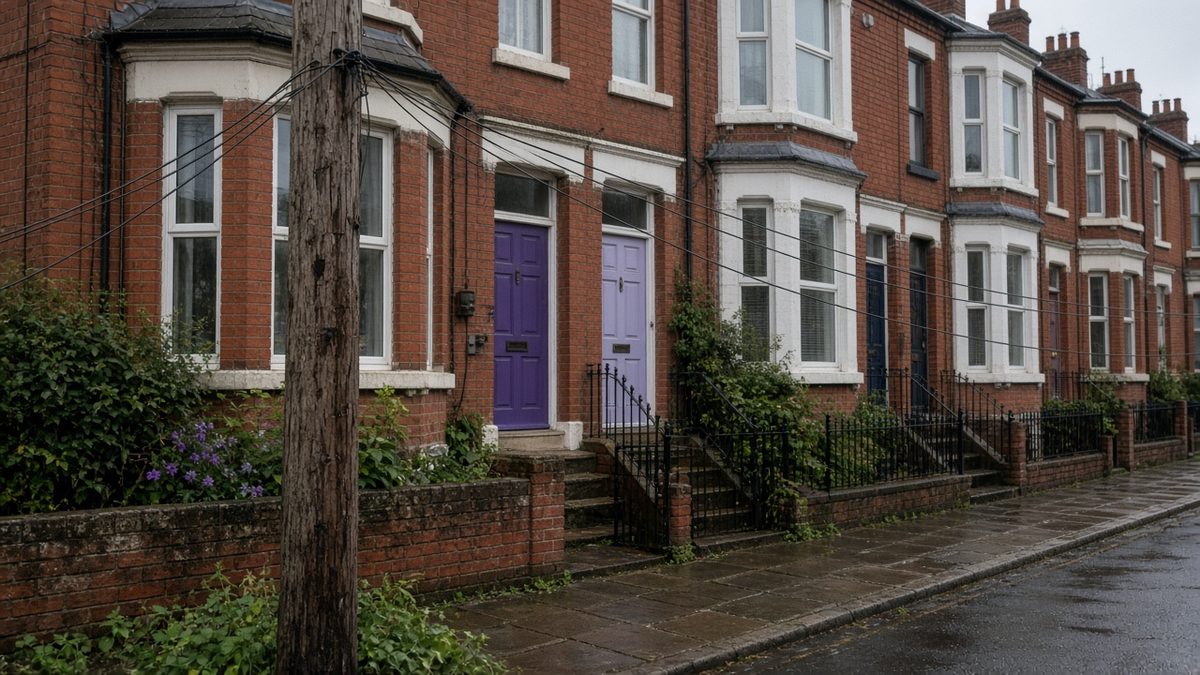 Terraced street of red-brick houses with fibre drop cables running from a telegraph pole