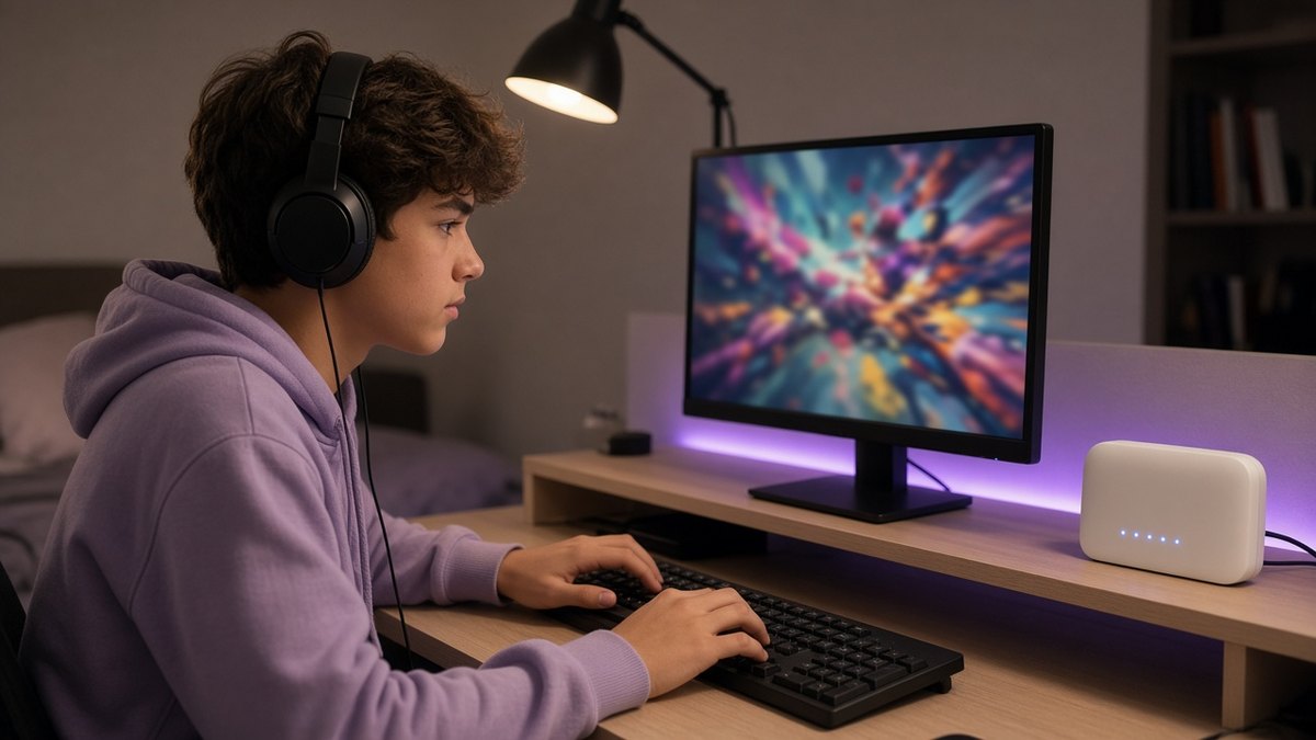 Teenager gaming online with a headset at a bedroom desk beside a white router