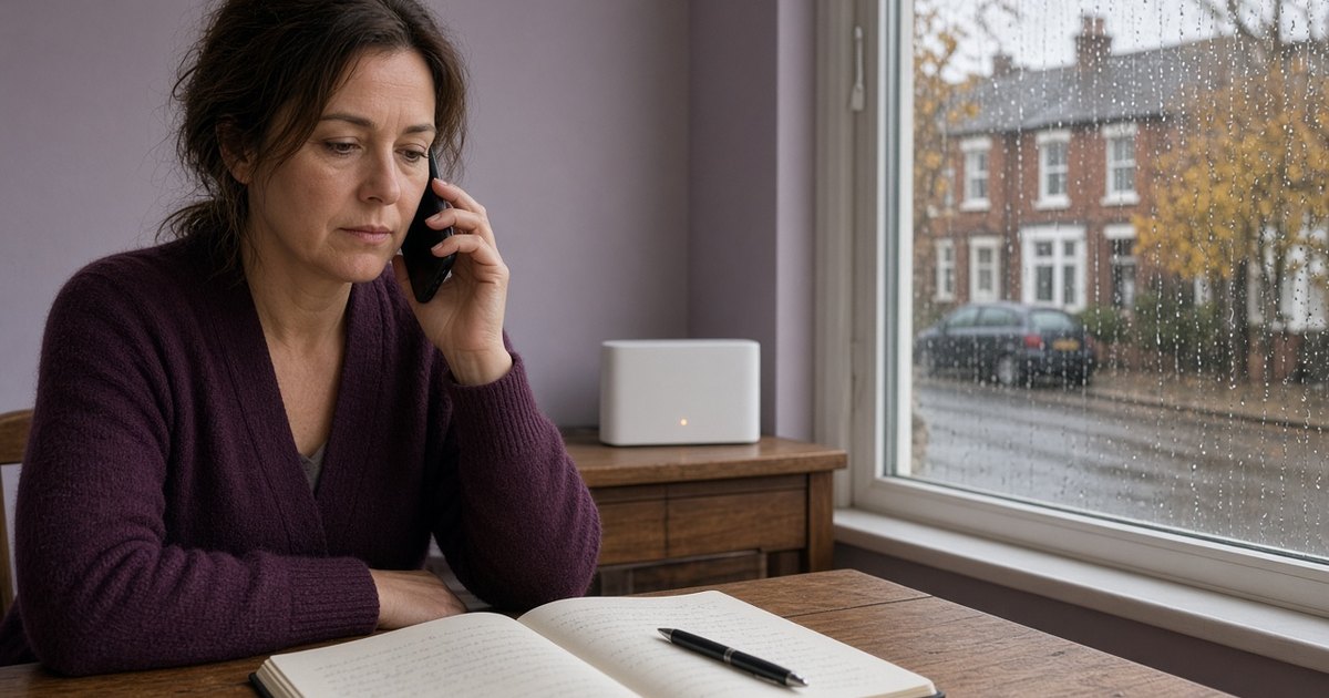 Woman making a calm phone call at a dining table with a notebook, a router on the sideboard and rain on the window