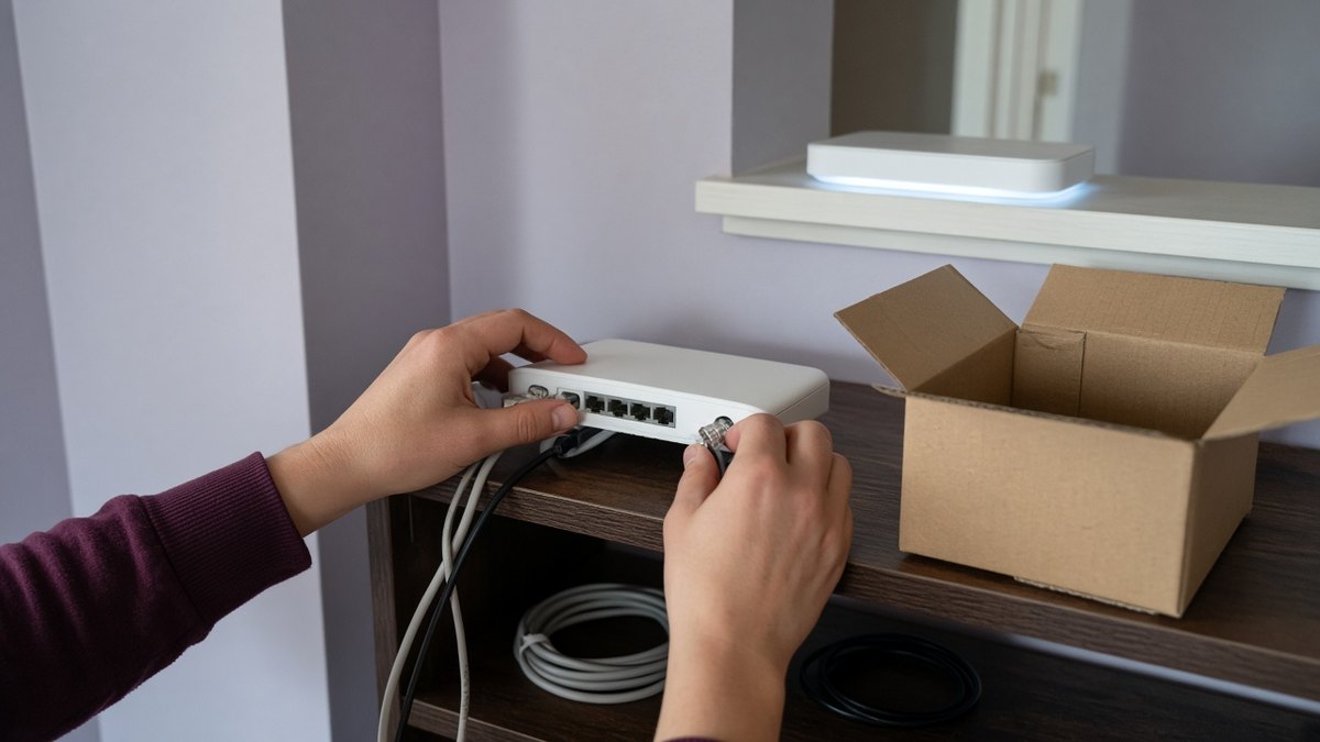 Hands unplugging an old router and packing it into a cardboard box after switching broadband