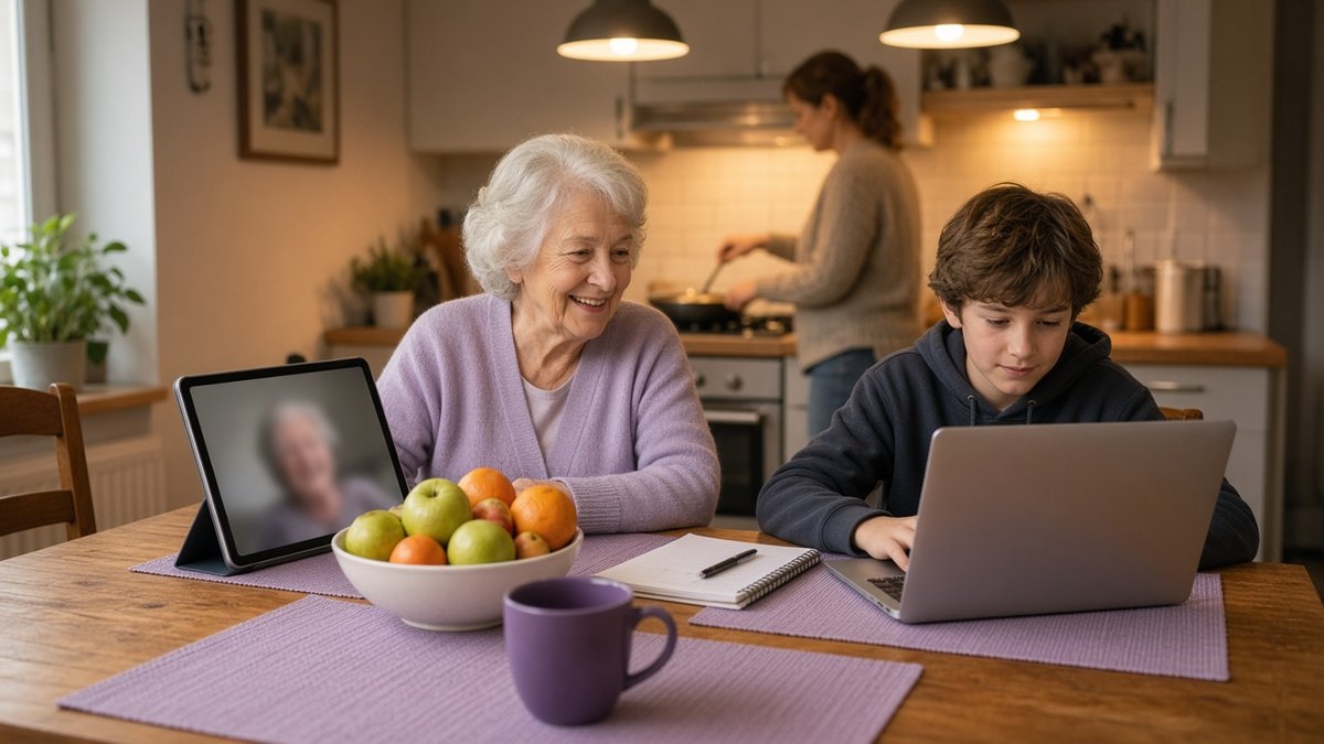 Grandmother on a tablet video call while a child does homework at a busy family kitchen table
