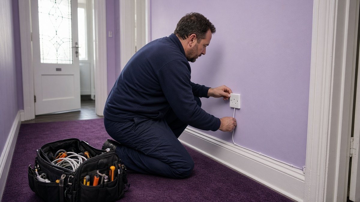 Broadband engineer kneeling in a hallway fitting a small white fibre wall socket by the skirting board
