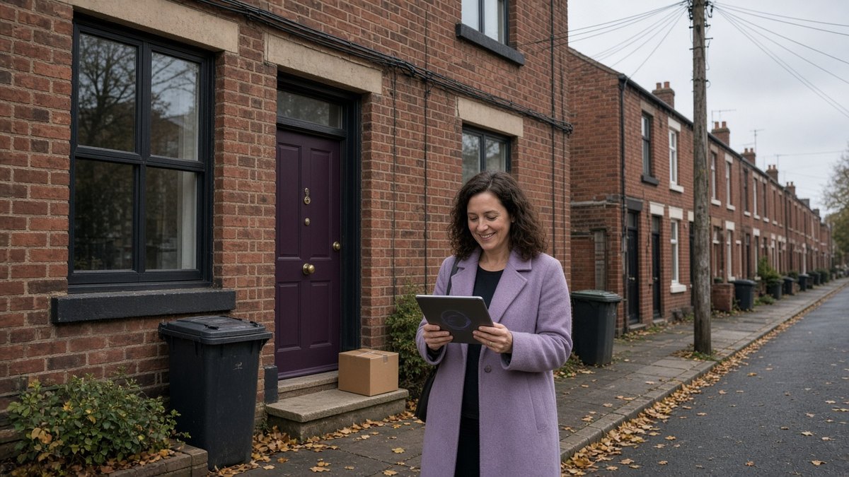 Woman outside her red-brick terraced house reading a tablet, with telegraph wires along the street