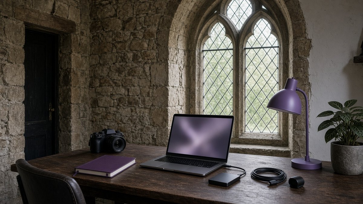 Creator desk in a converted chapel flat with a camera, laptop and external drive under a tall arched window