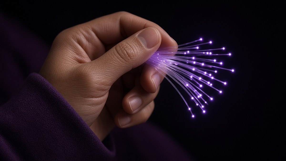 Close-up of a hand holding fibre optic cable ends that glow with soft purple light