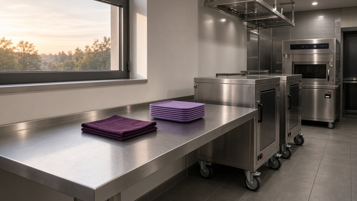 Stainless-steel servery in a care home kitchen at dawn with heated food trolleys lined up, no people