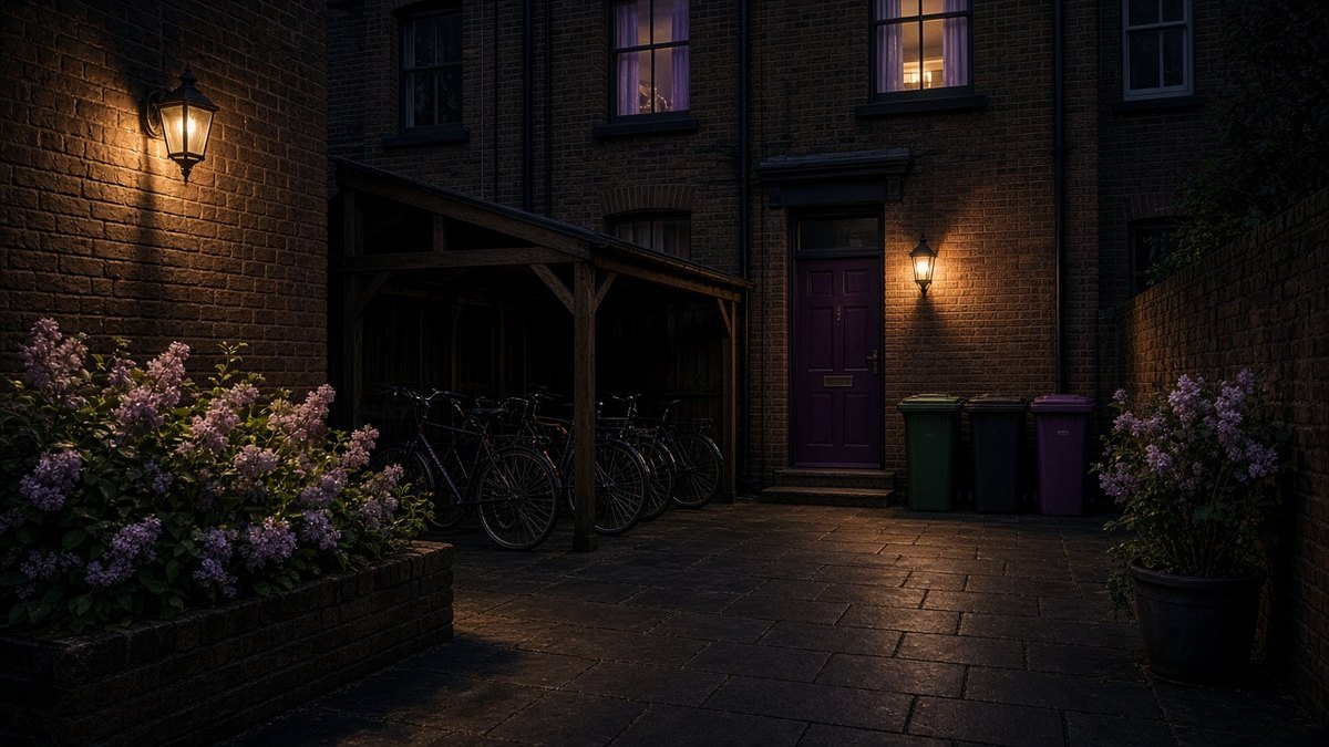 Back yard of a shared house at night with a covered bike shelter and outdoor wall lights, a plum back door