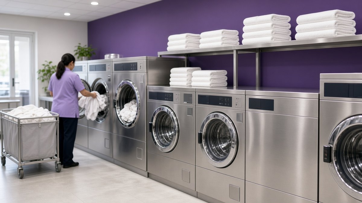 Row of commercial washing machines and dryers in a clean care home laundry room