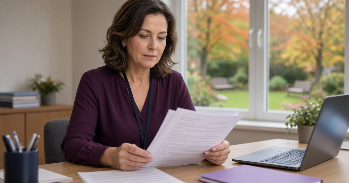 Care home manager at her office desk reviewing an energy contract beside a window overlooking the garden