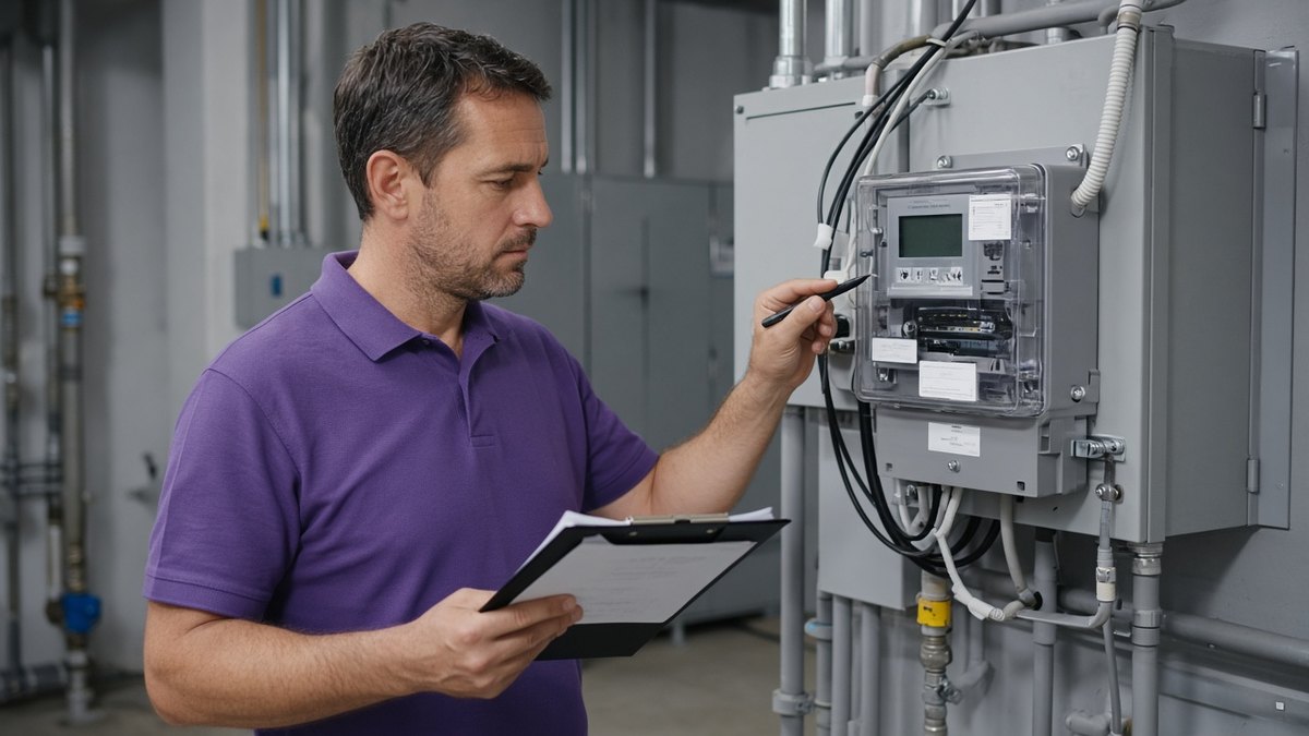 Facilities worker reading a commercial electricity meter in a plant room