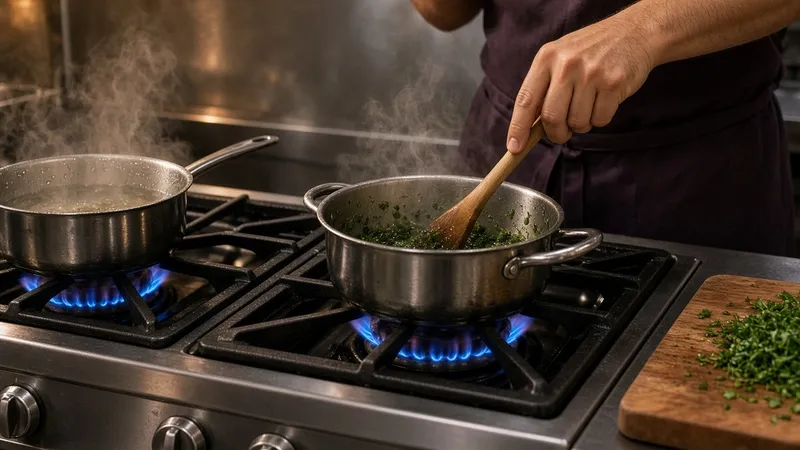 Blue gas flames under stainless-steel pans on a commercial kitchen hob during evening prep