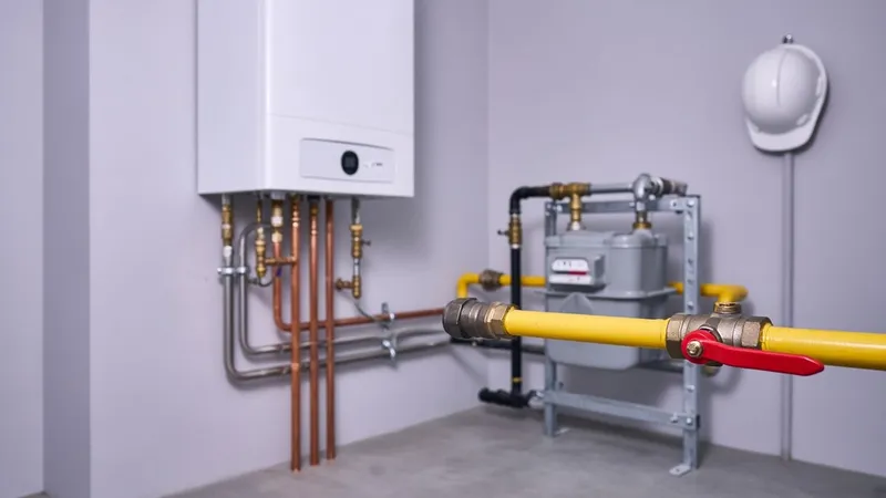 Small commercial plant room with a red-handled gas isolation valve, copper pipework and a wall-hung boiler