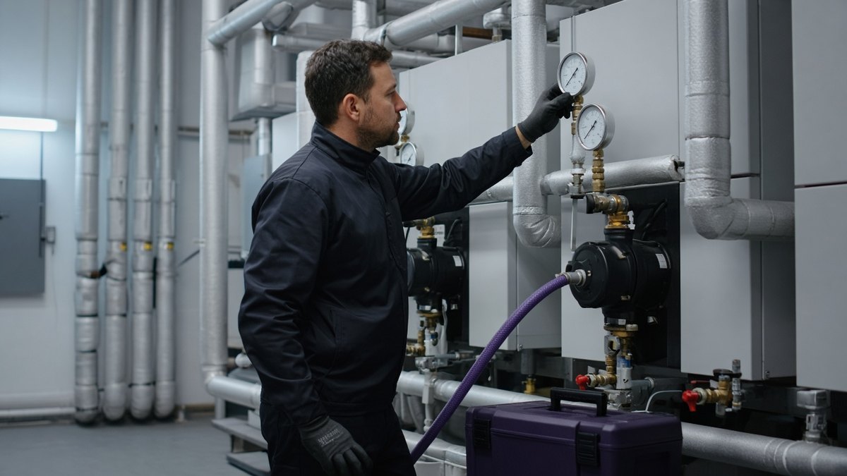 Engineer checking a commercial gas boiler in a care home plant room