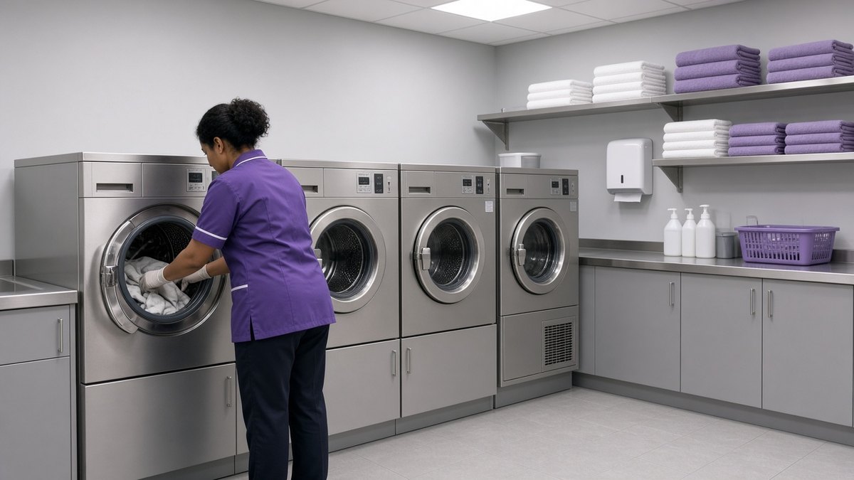 Commercial laundry room in a care home with washing machines running