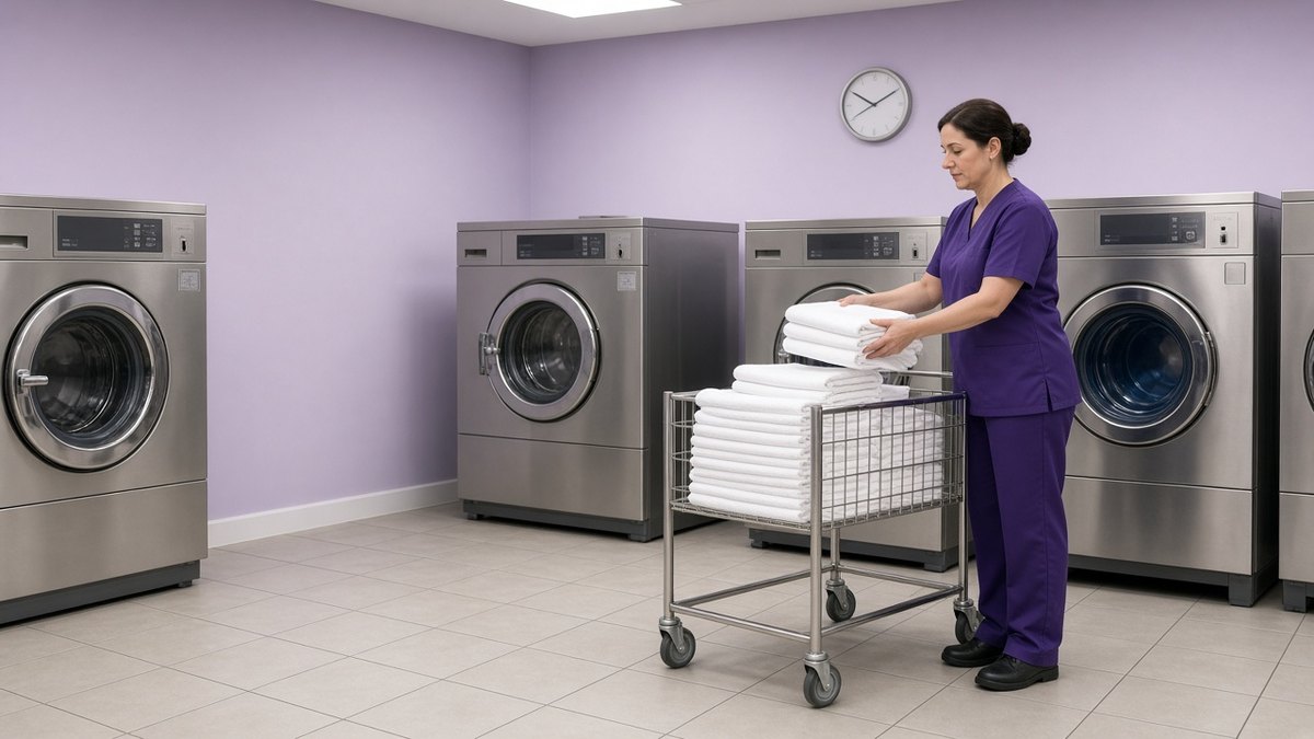 Care home staff member loading folded towels onto a trolley in a laundry room with industrial washing machines