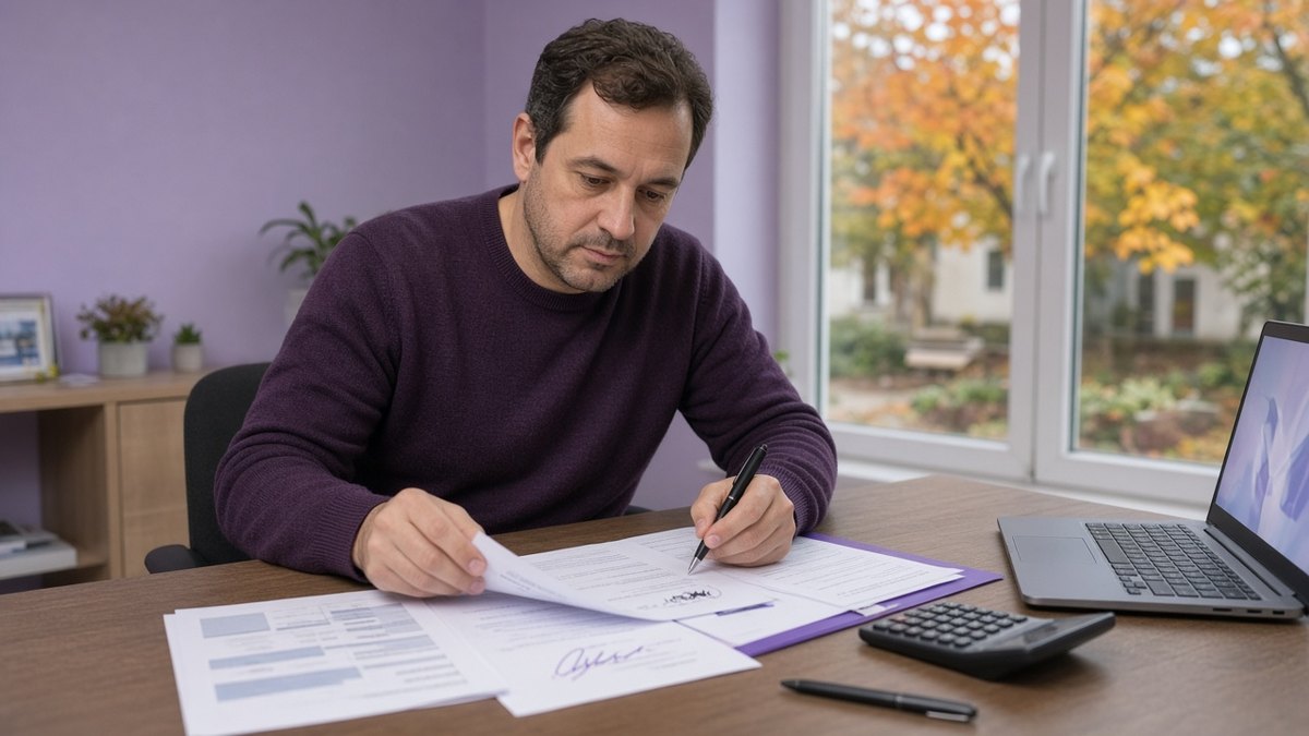 Care home finance manager reviewing energy bills and a signed certificate at his office desk
