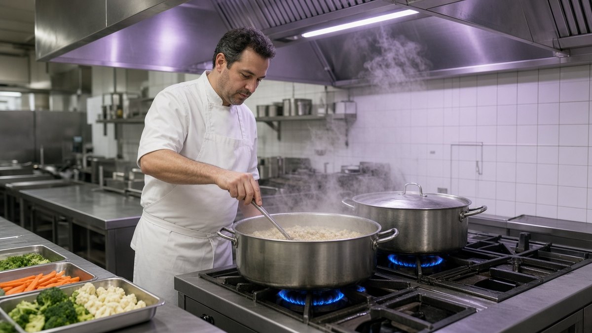 Chef cooking lunch on a commercial gas range in a care home kitchen