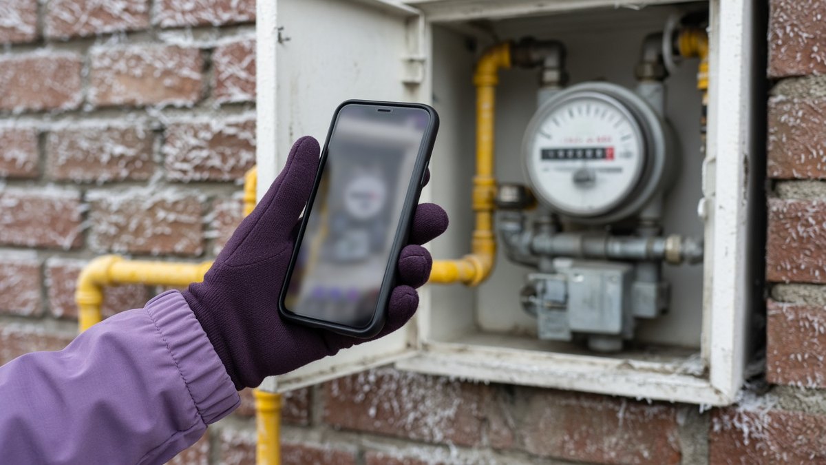 Hand photographing a commercial gas meter in an outdoor meter box